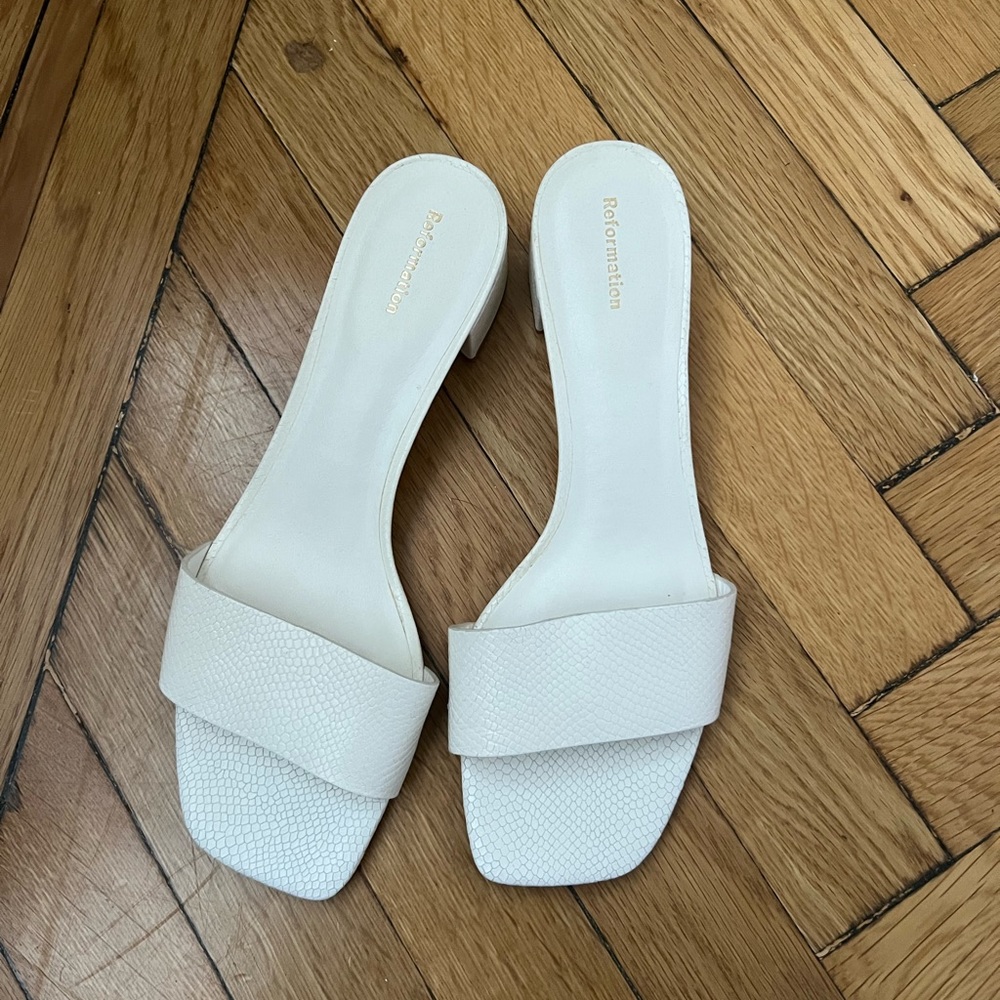 Mandy Minimal Block Heel Mule Reformation in white snake emboss